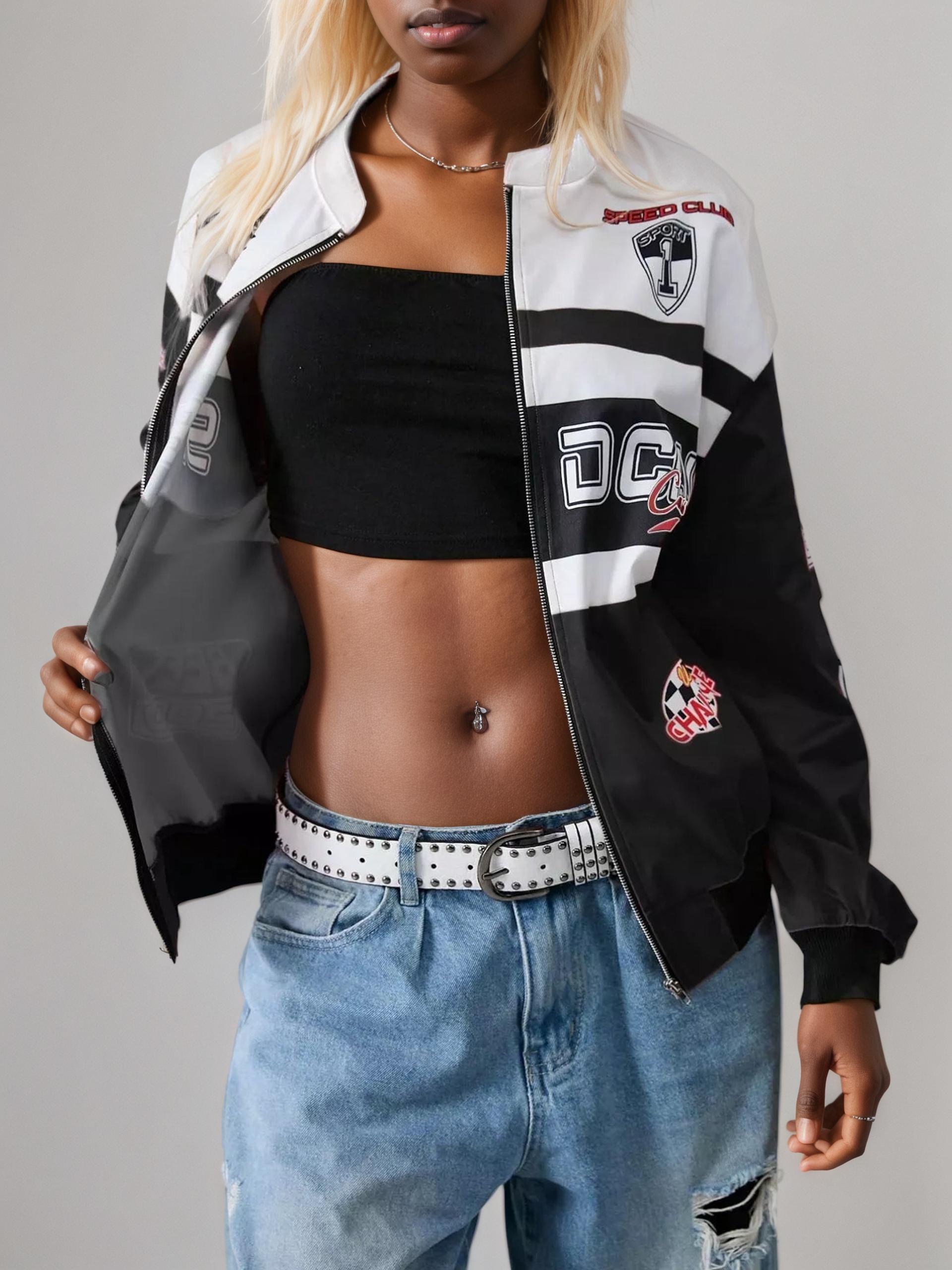 Letter Zip Up Dropped Shoulder Jacket