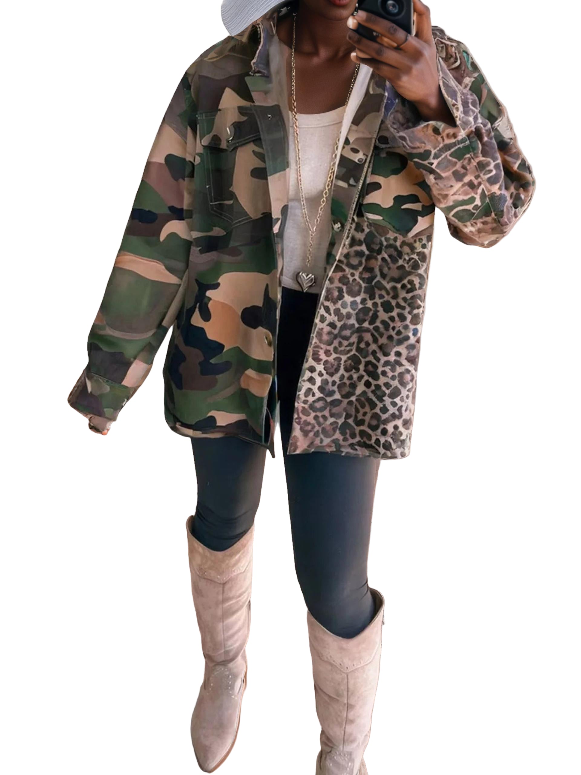 Camouflage Leopard Print Mixed Pattern Oversized Jacket
