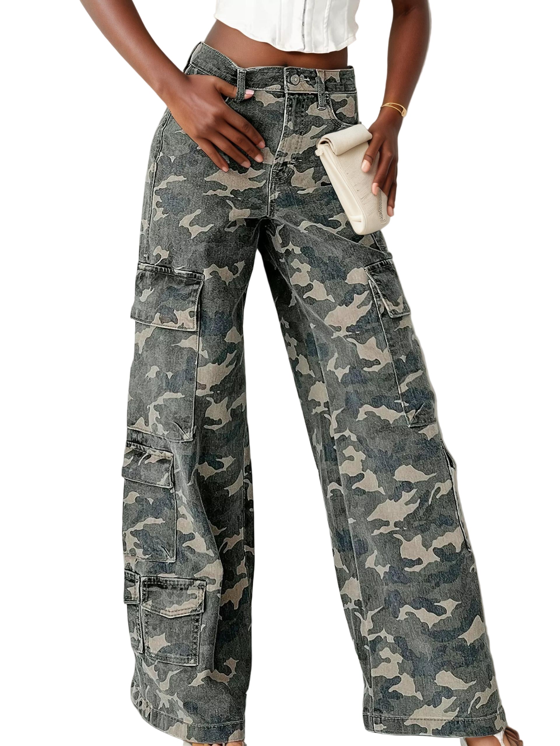 Camo Print Wide Leg Cargo Jeans