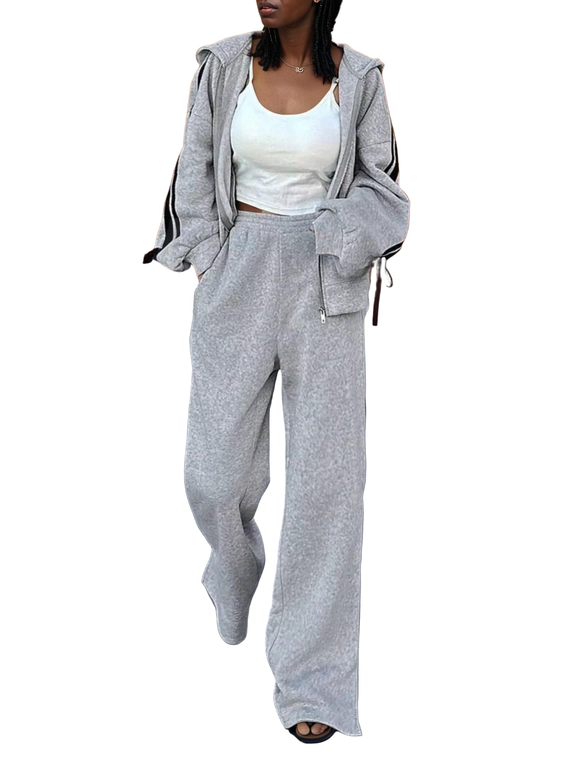 Side Striped Zip Up Hoodie and Pants Set