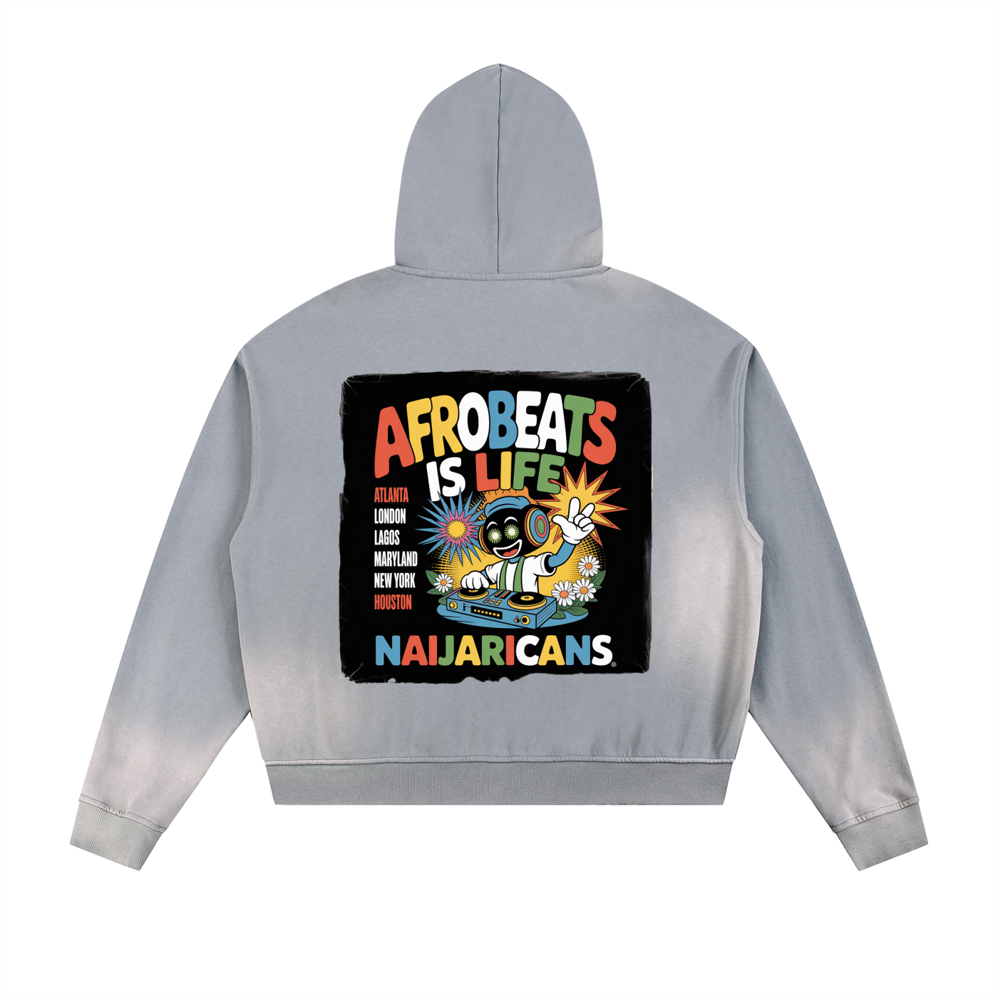 Sun Fade Frayed Raw Edge Fleece Zip "Afrobeats is Life" Hoodie