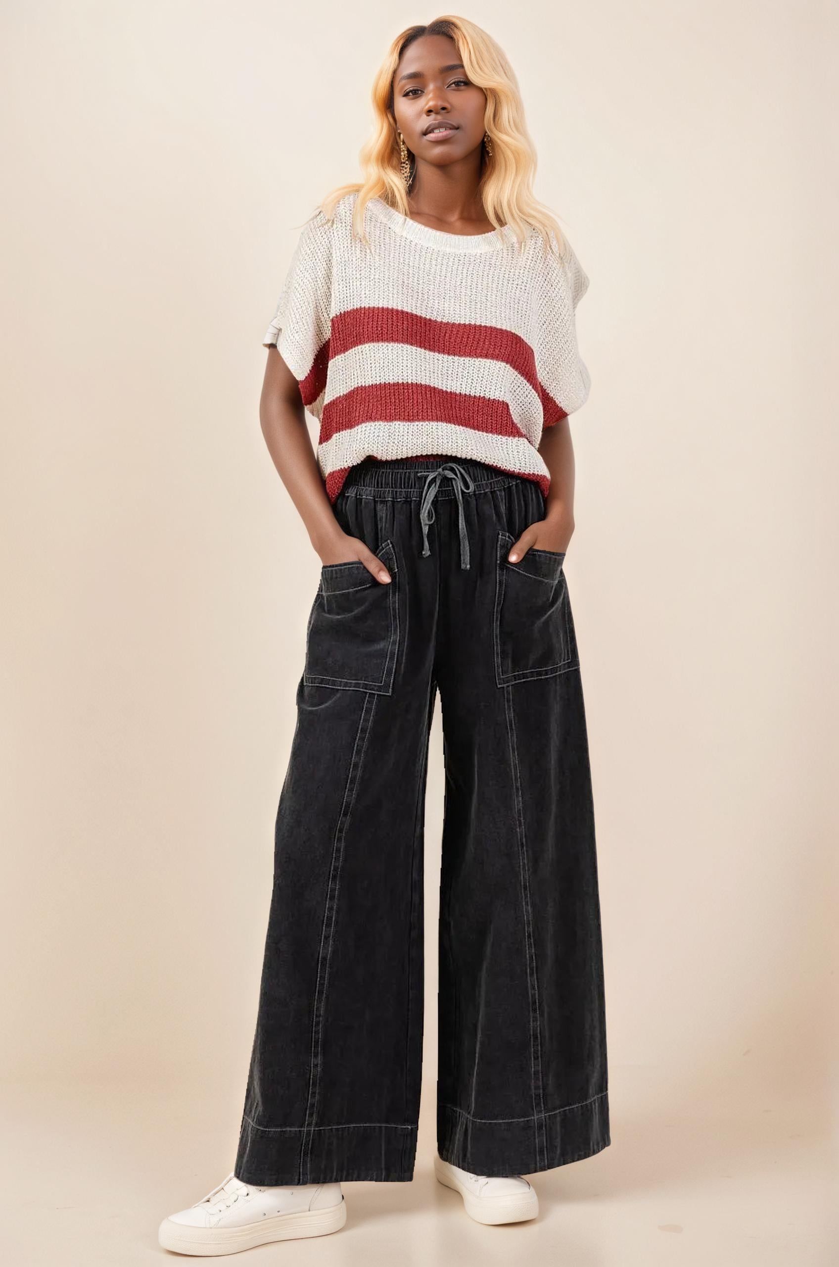 Mittoshop Mineral Wash Wide Leg Elastic Waist Twill Pants