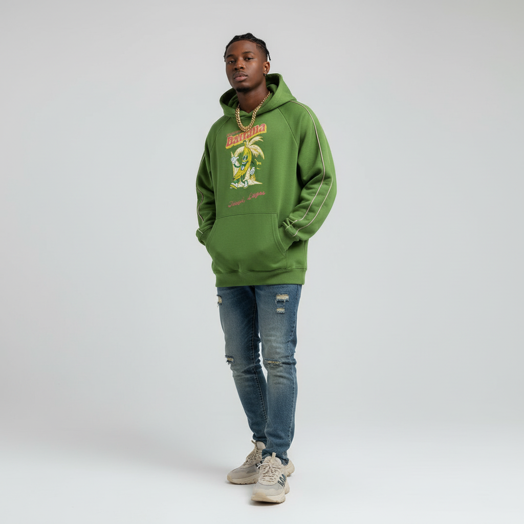 Contrast Piping Raglan "Banana Island" Hoodie
