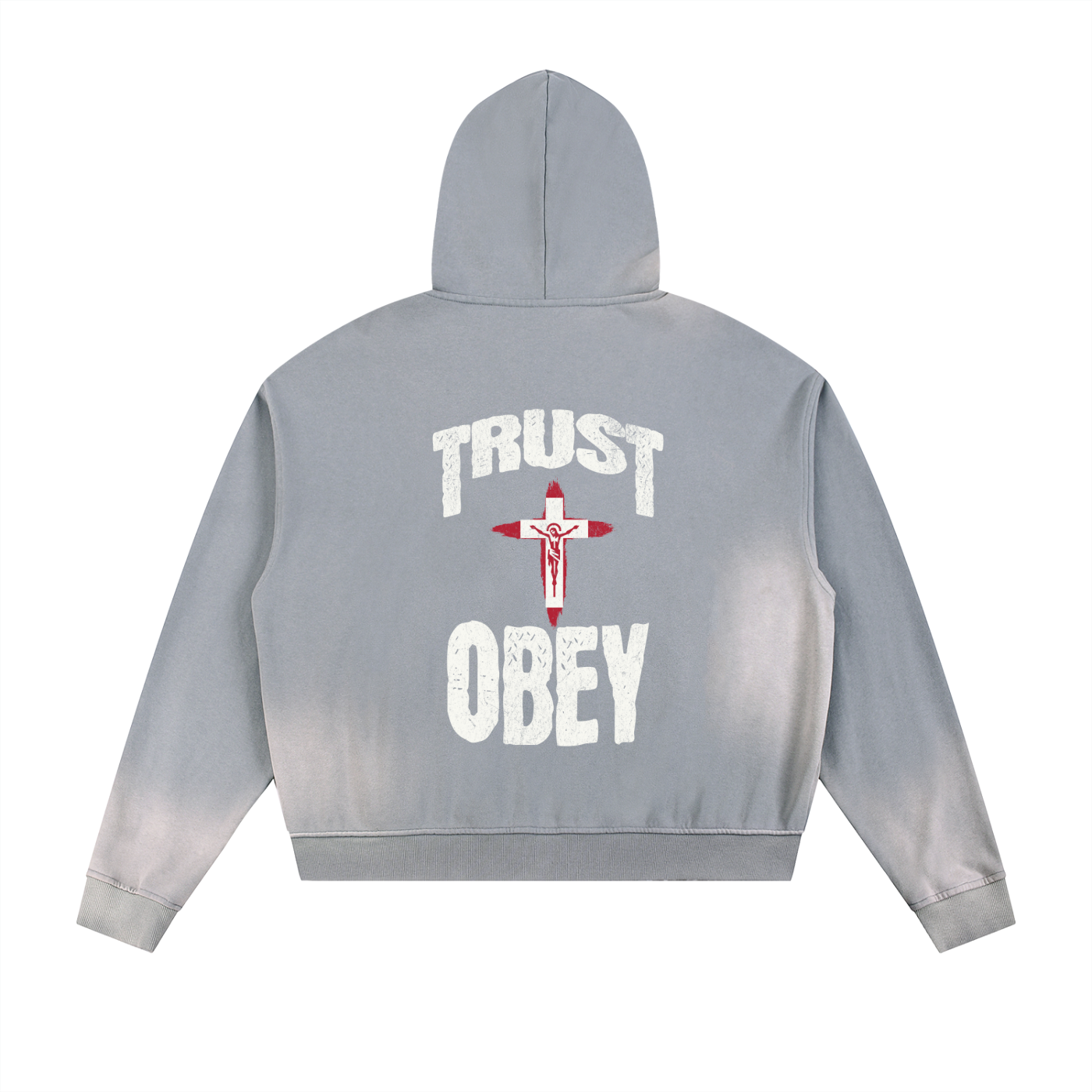 Sun Fade Frayed Raw Edge Fleece Zip "Trust + Obey" Hoodie