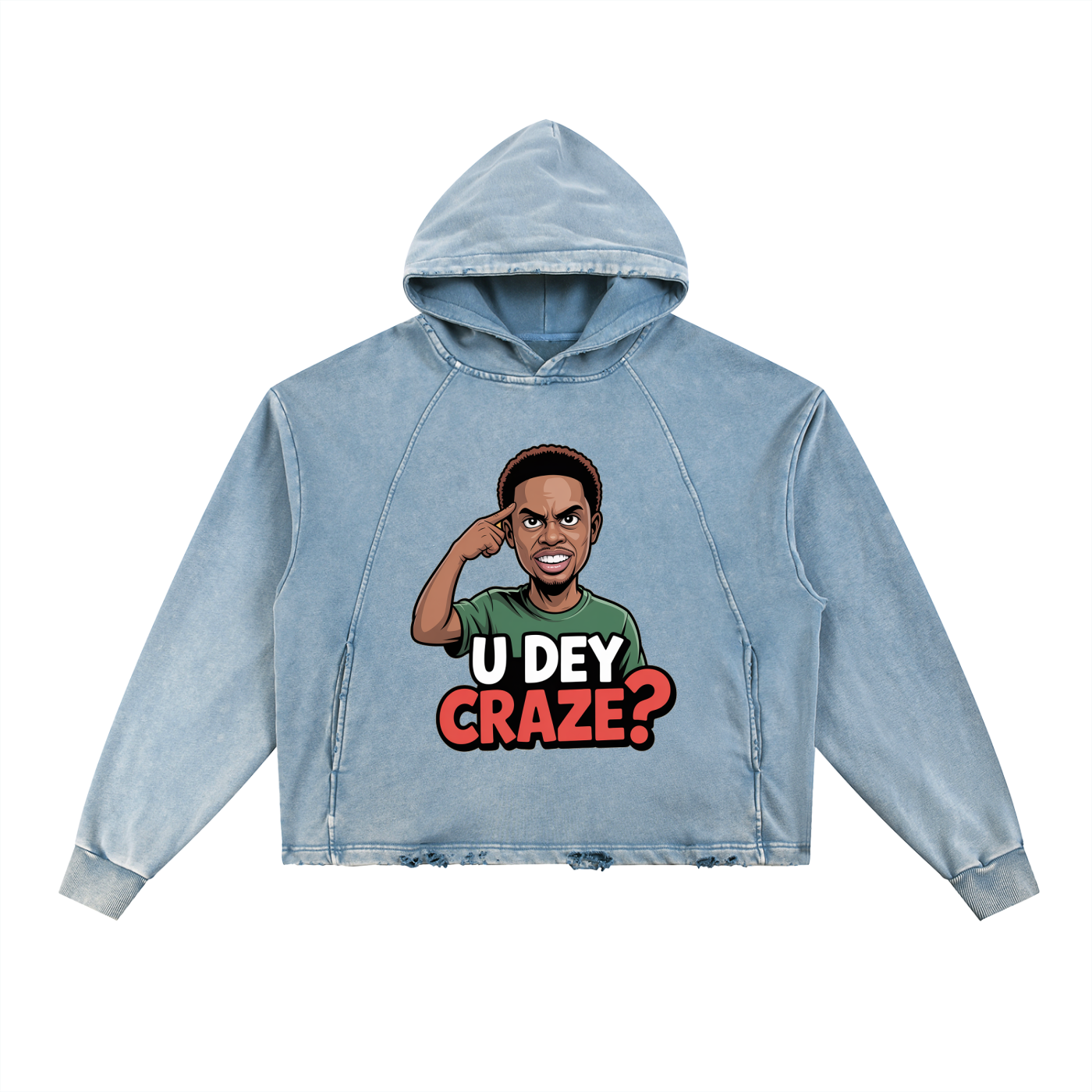 Vintage Washed Frayed-Hem "U Dey Craze" Hoodie