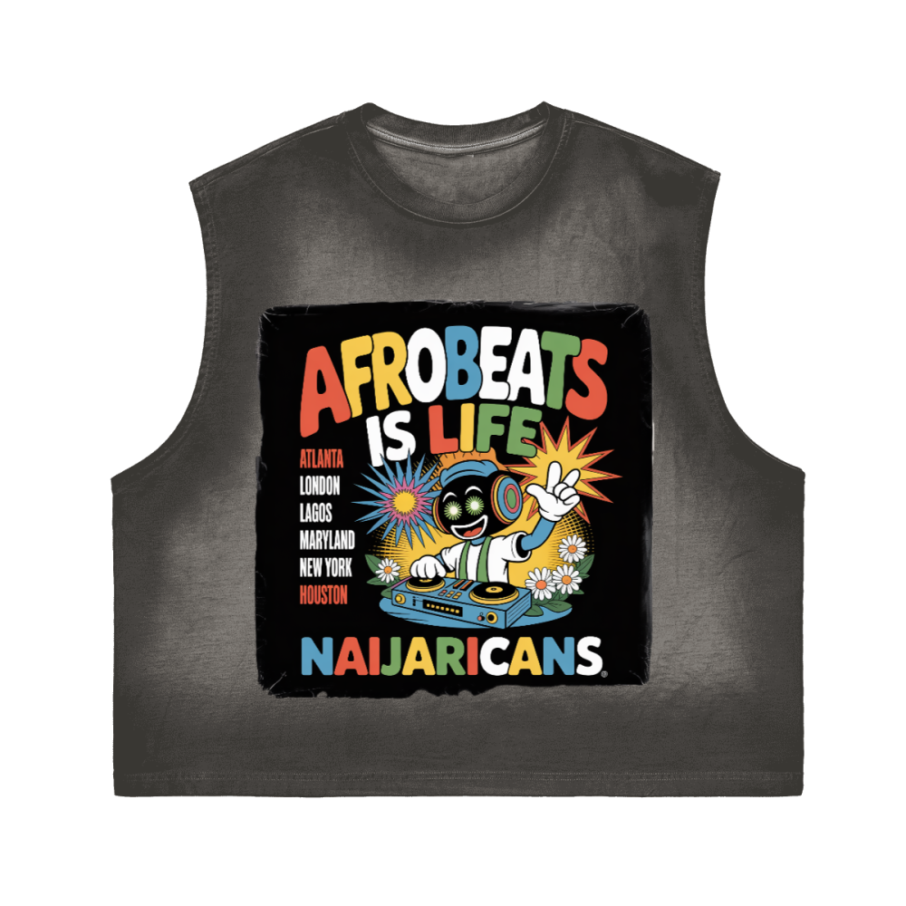 Unisex Cropped Boxy Washed Gradient Pure Cotton "Afrobeats is Life" Tank Top