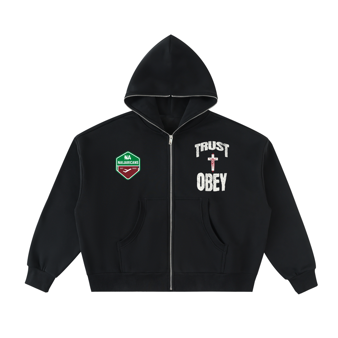 Fleeced Full-Zip Boxy "Trust + Obey" Hoodie