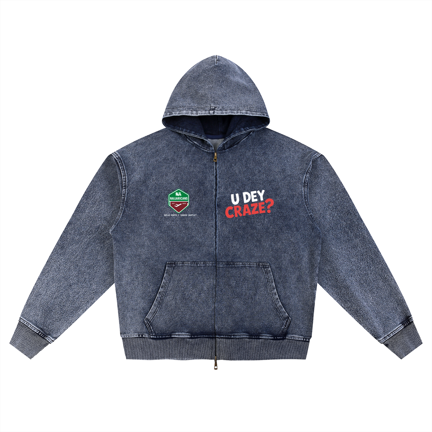 Snow Wash Oversized Zip-Up "U Dey Craze" Hoodie