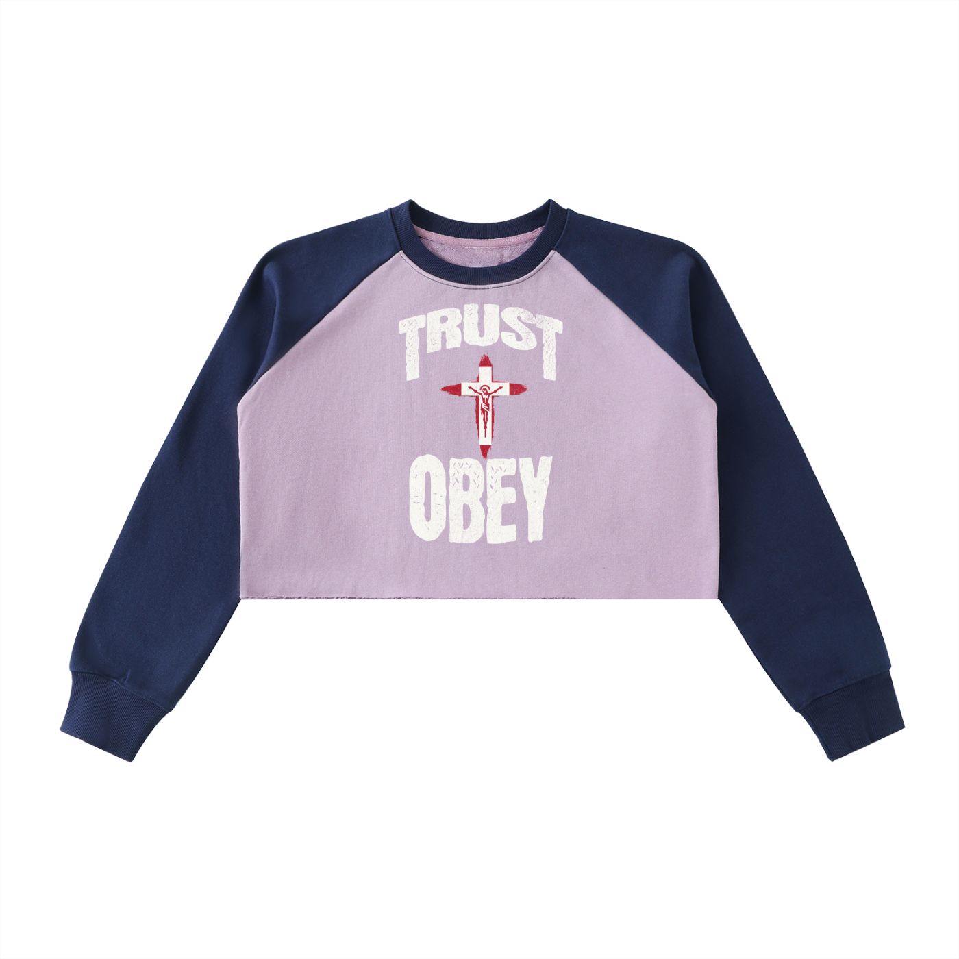 Raw-Hem Color-Block Raglan Crop "Trust + Obey" Sweatshirt