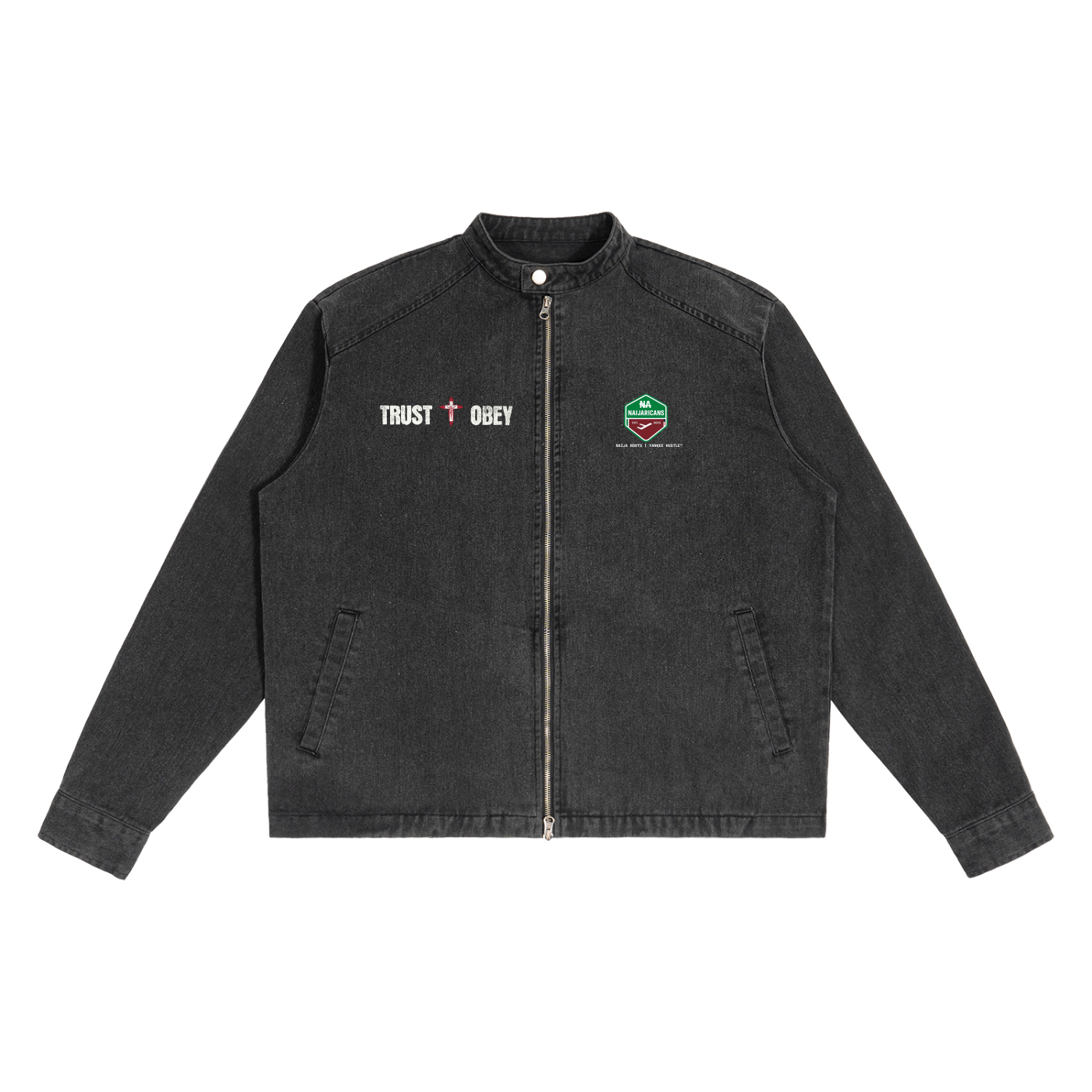 Denim Vintage Washed "Trust + Obey" Jacket