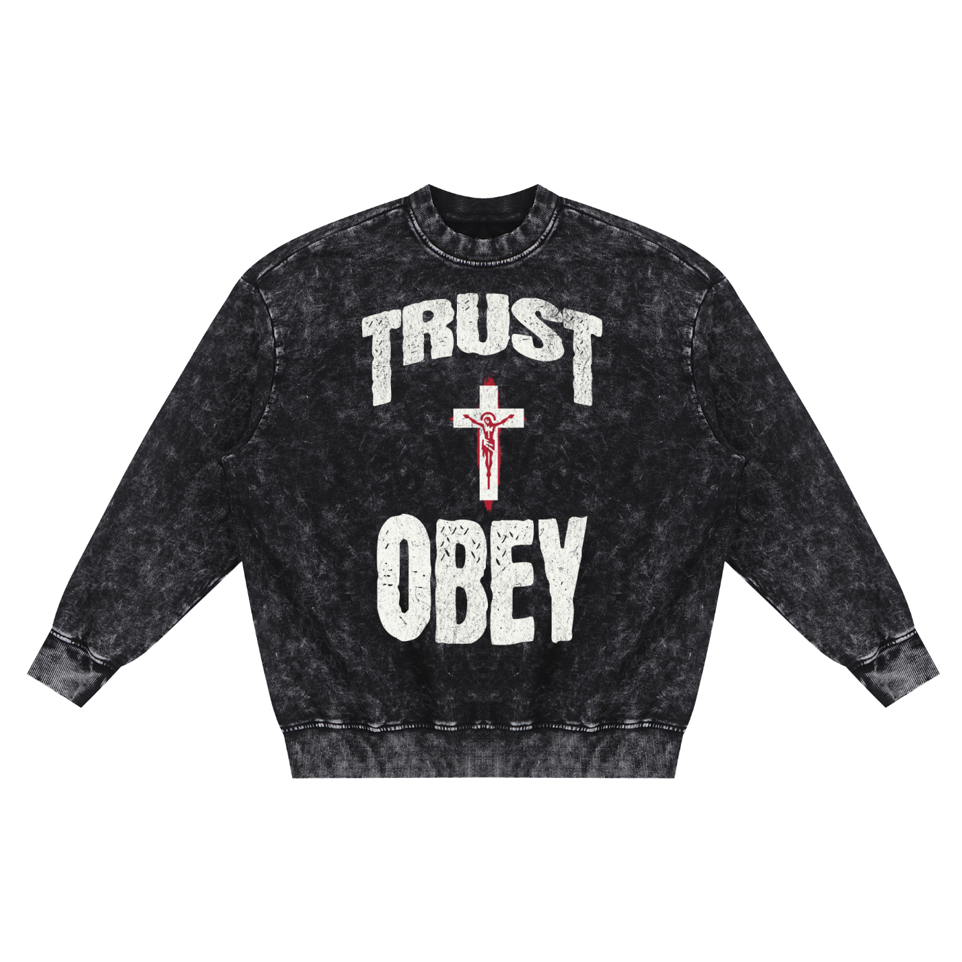Snow Washed Hand-Frayed "Trust + Obey" Sweatshirt