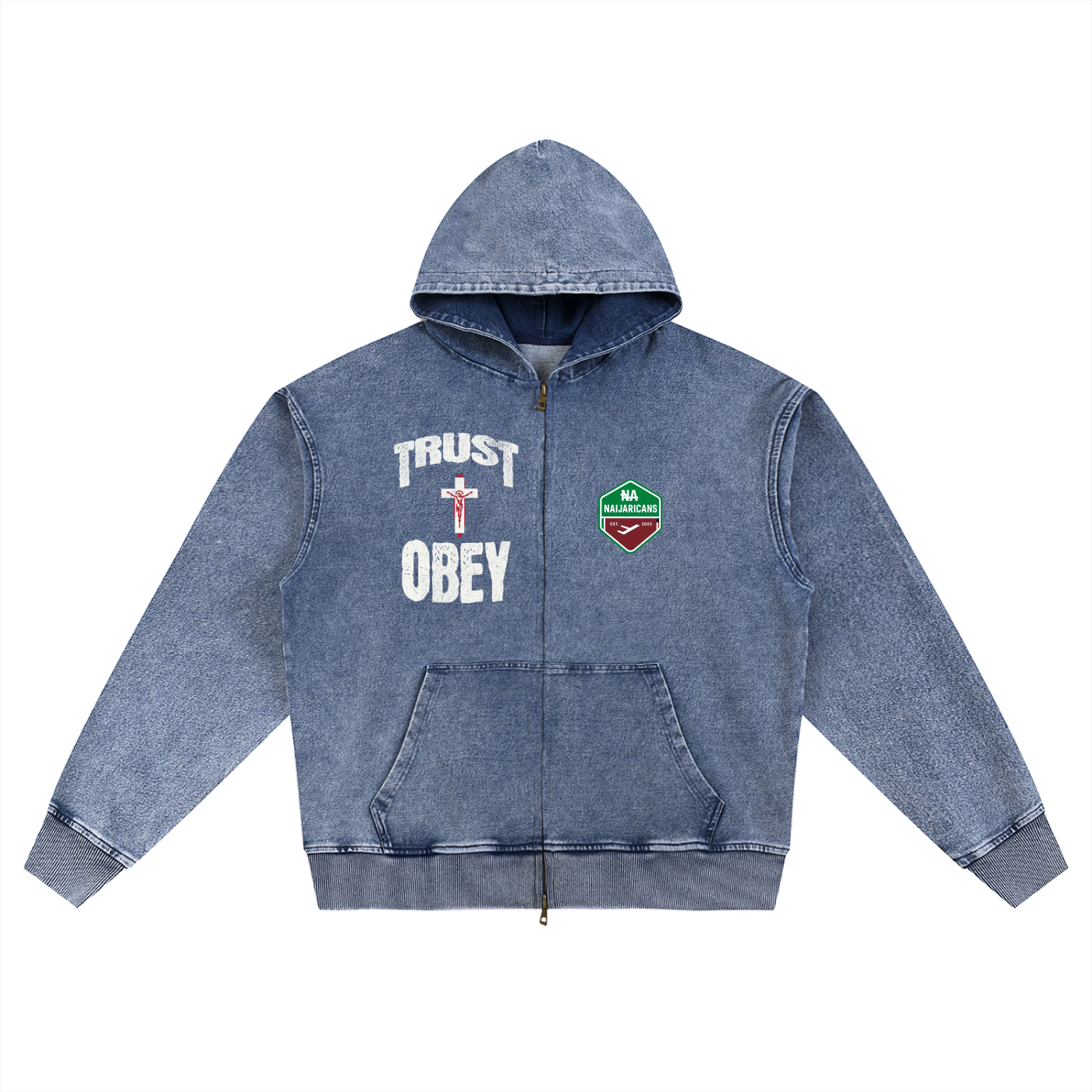 Snow Wash Oversized Zip-Up "Trust + Obey" Hoodie