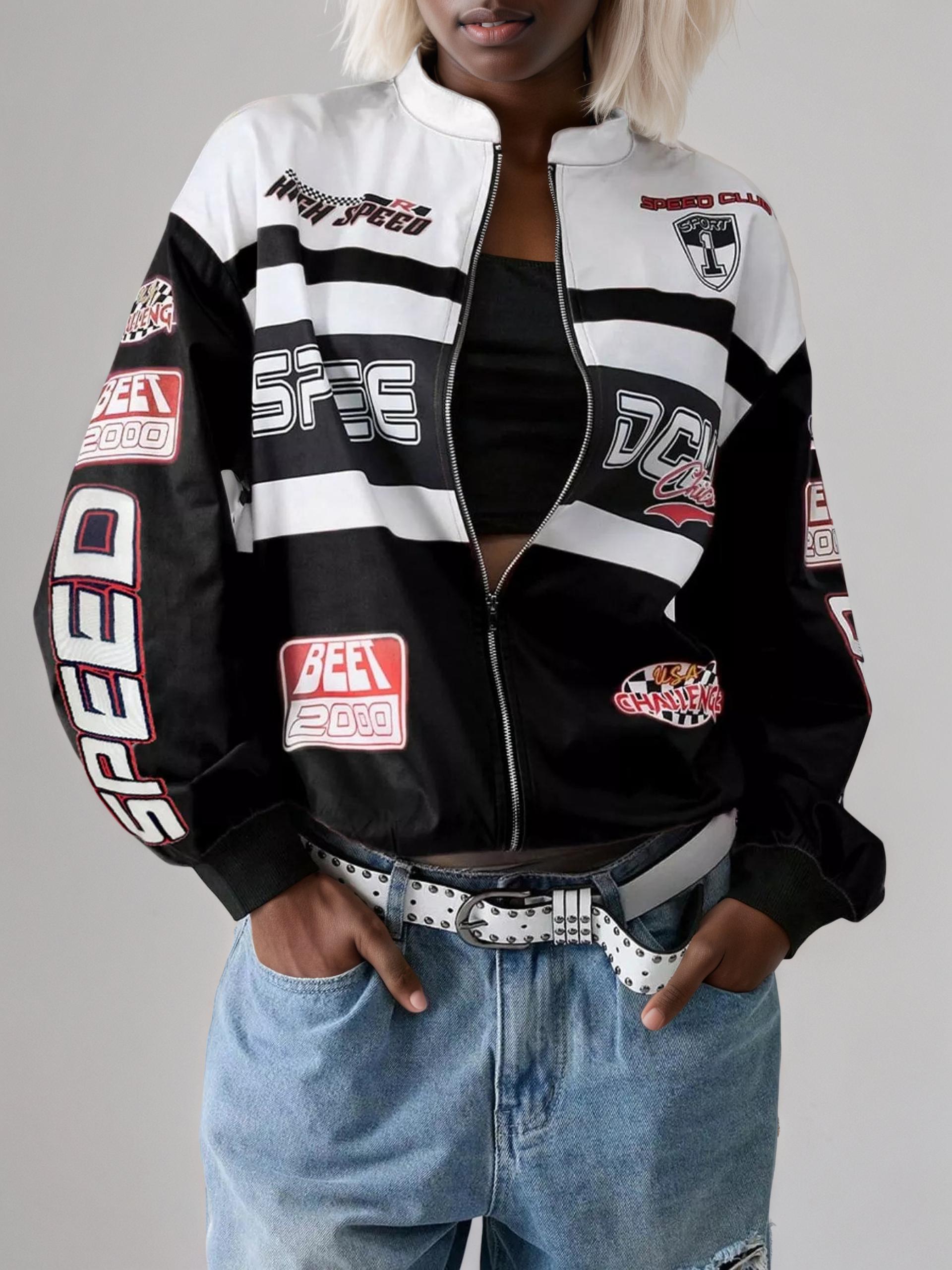 Letter Zip Up Dropped Shoulder Jacket
