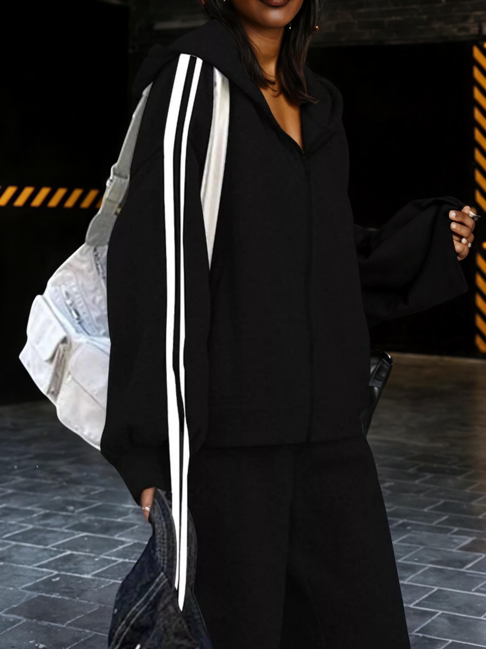 Side Striped Zip Up Hoodie and Pants Set