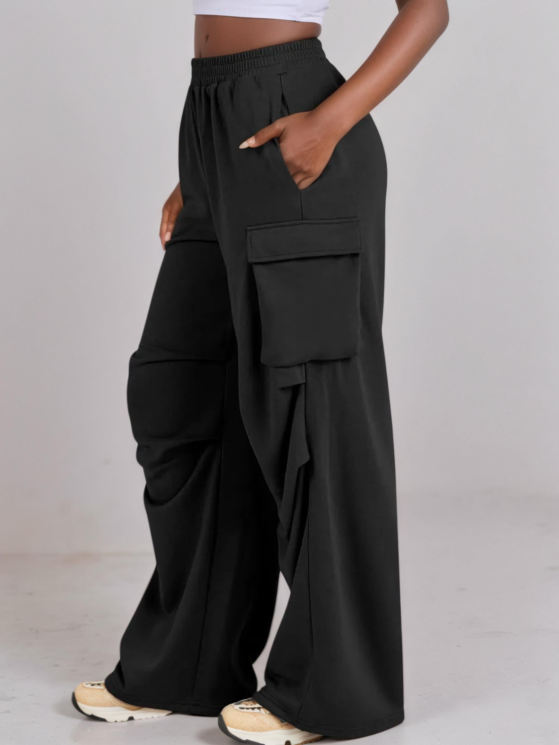 Elastic Waist Wide Leg Pants with Pockets