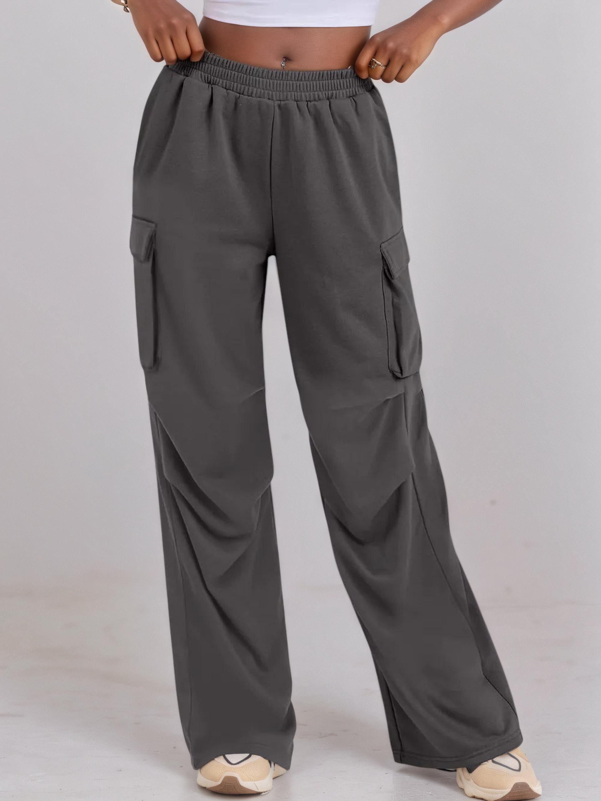 Elastic Waist Wide Leg Pants with Pockets