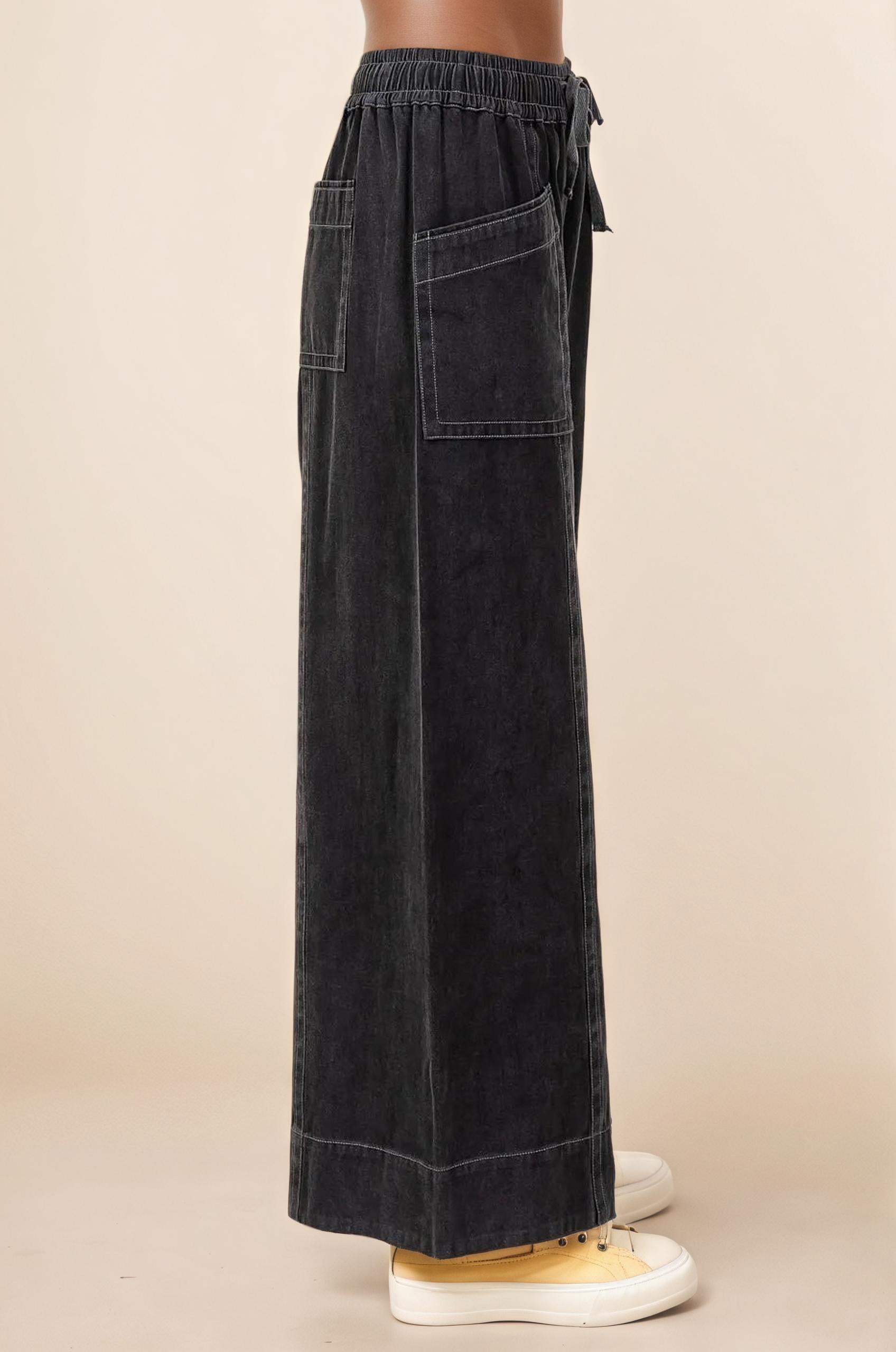 Mittoshop Mineral Wash Wide Leg Elastic Waist Twill Pants
