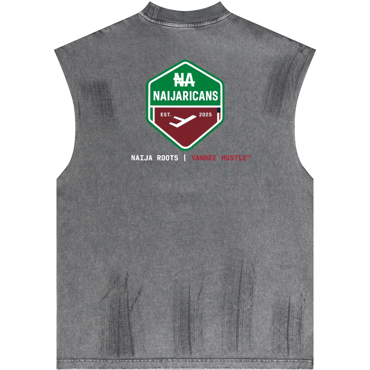 Distressed High Street Round Neck Sleeveless "Naija No Dey Carry Last" Tank Top