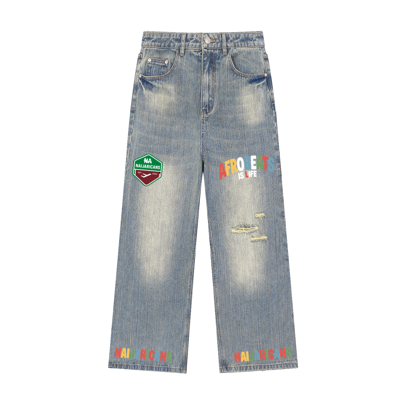 'Afrobeats is Life' Vintage Wash Distressed Denim Jeans