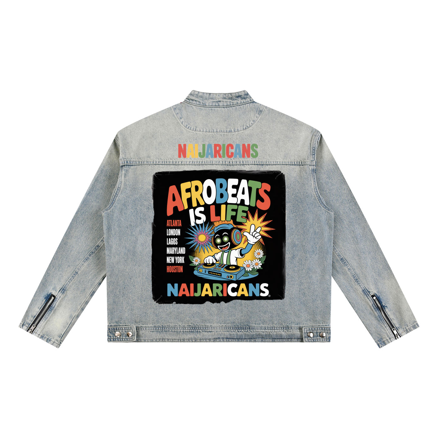 Vintage Wash Zip "Afrobeats is Life" Denim Jacket