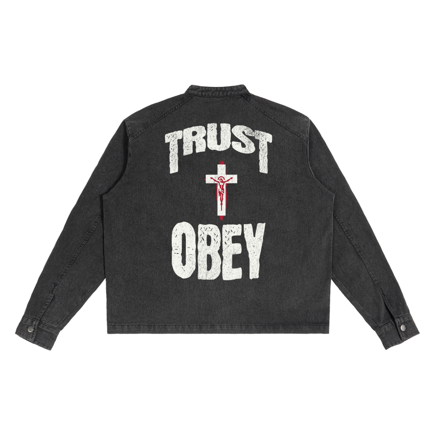 Denim Vintage Washed "Trust + Obey" Jacket